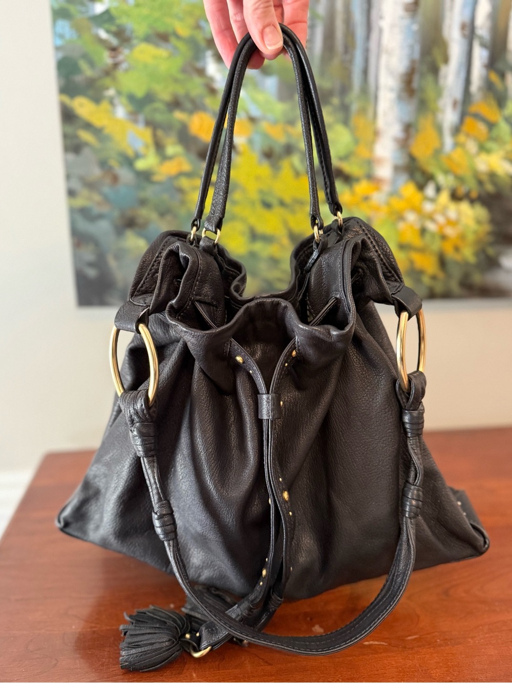 Sigrid Olsen Y2K Black Leather Cinch Bag • Soft Leather Tassel Fringe Gold Studs